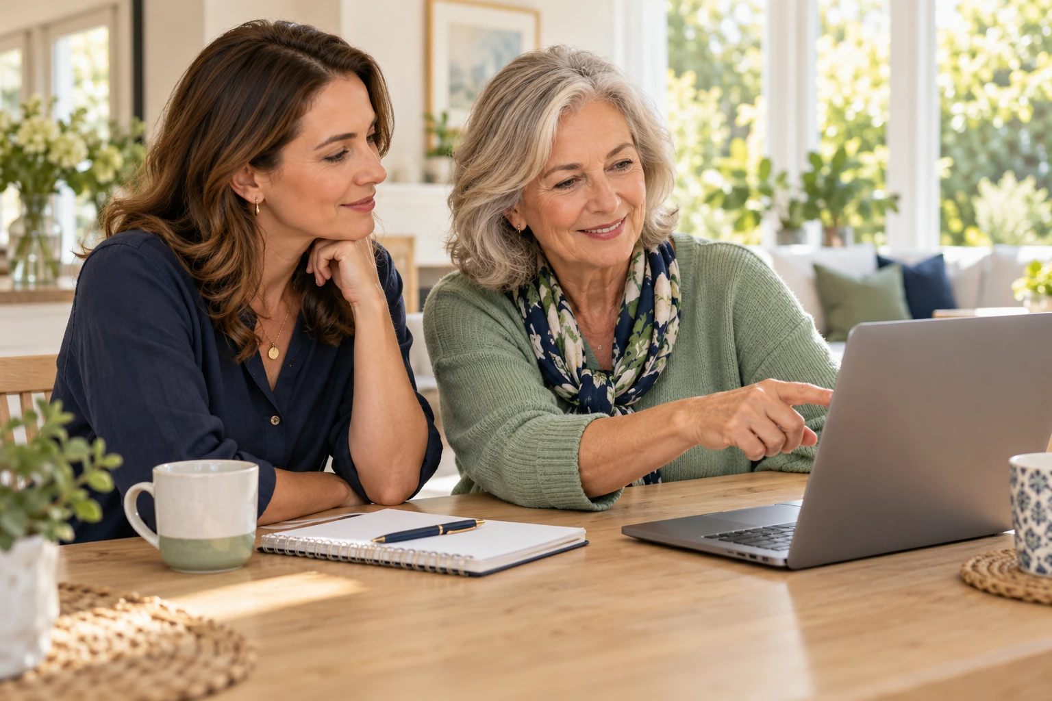 Eine Frau und ihre erwachsene Tochter bereiten sich gemeinsam am Laptop vor; illustrative Szene.