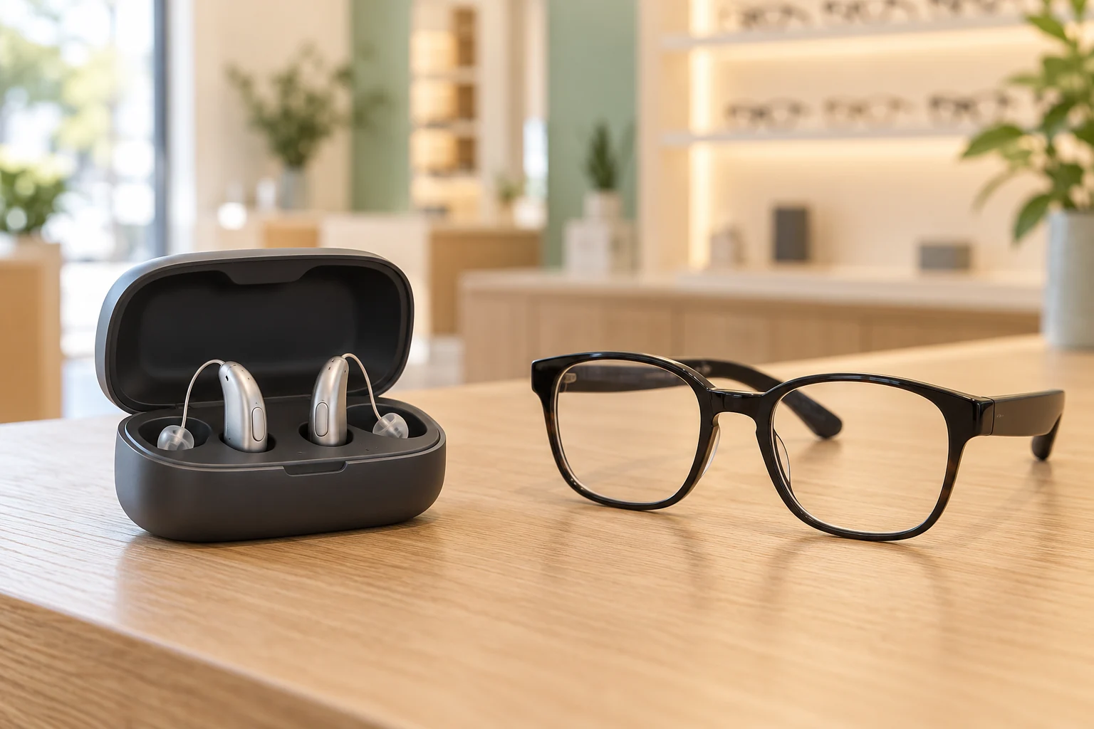 Generische Hörgeräte und eine Smart-Brille im Fachgeschäft; illustrative Szene