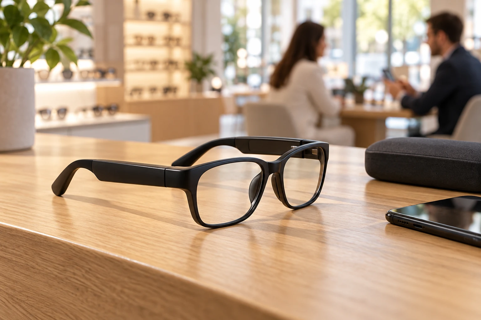 Eine generische Smart-Brille mit Etui und Smartphone; illustratives KI-Motiv.